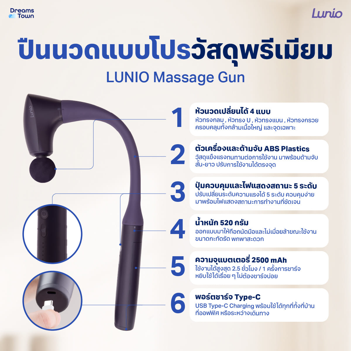 เครื่องนวดกล้ามเนื้อ LUNIO MASSAGE GUN ปืนนวดไร้สายปรับสั้นยาวได้_1